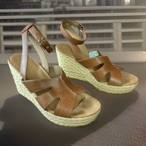 Ugg Women’s Braided Raffia Wedge Platform Heel Cognac Brown Leather Size 10